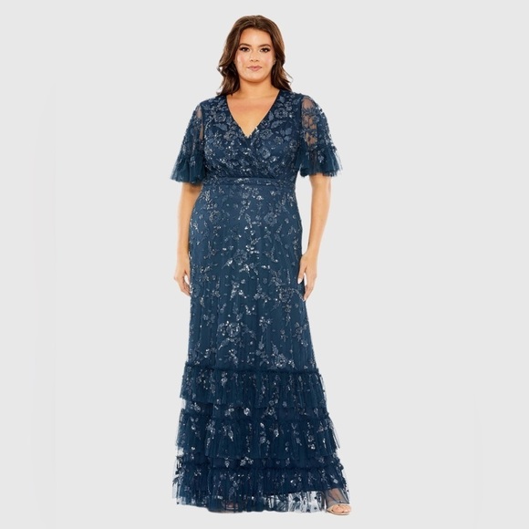 MAC DUGGAL 9270 NWT Sequin Embellished Flutter Sleeve Faux Wrap Tiered Gown - Picture 2 of 7